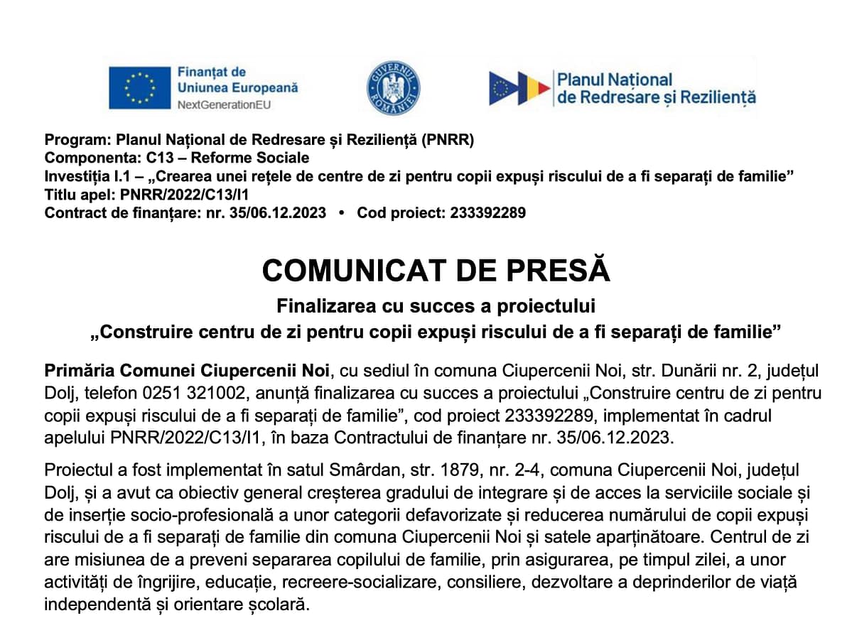 Comunicat – Finalizare proiect 233392289