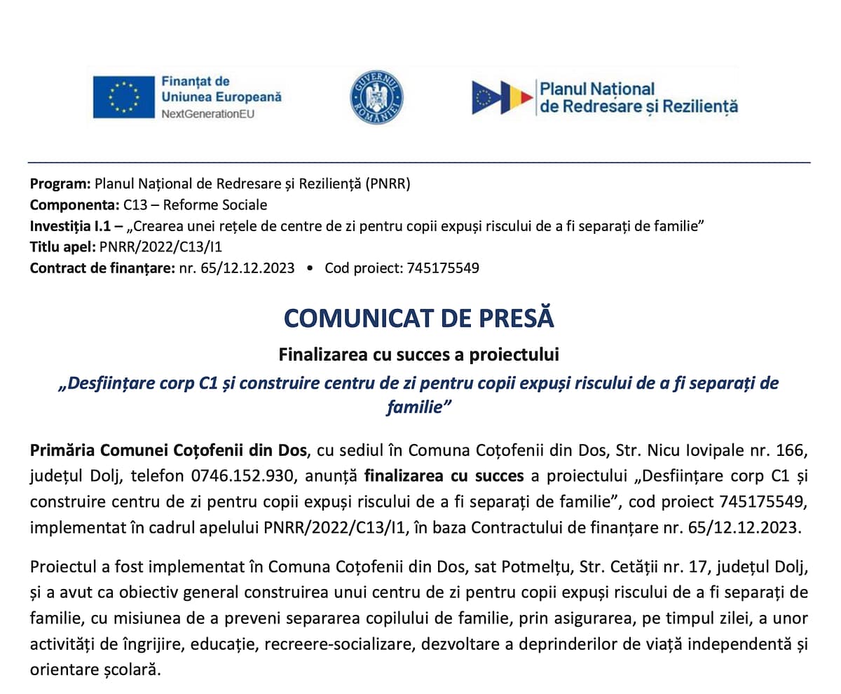 Comunicat – Finalizare proiect 745175549